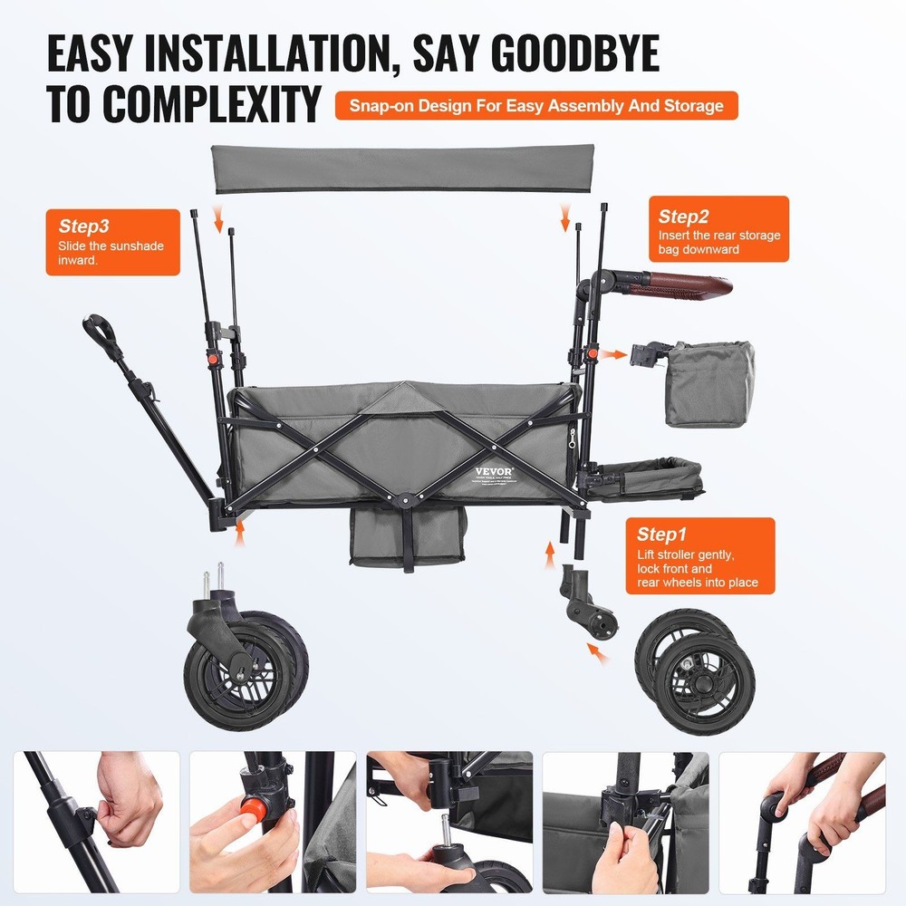 Travel-Friendly Child Wagon 55lb Loading Capability One Click Fold Grey