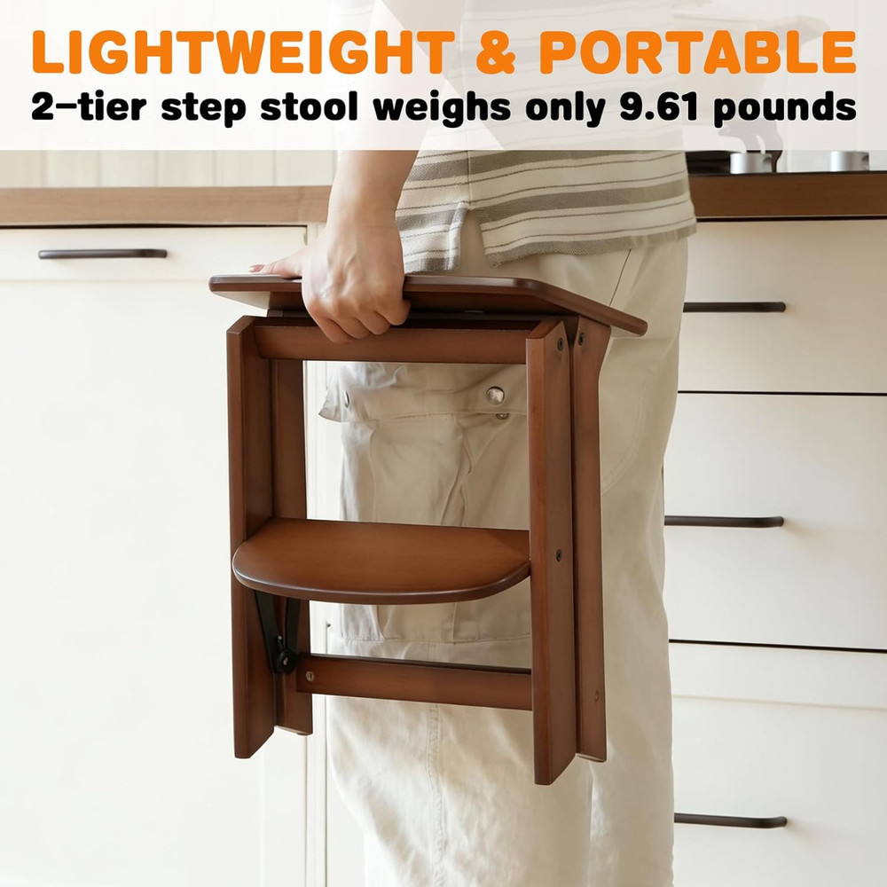 2 Step Stool Foldable- Bamboo Step Ladder, Small Folding Step Stool Cute