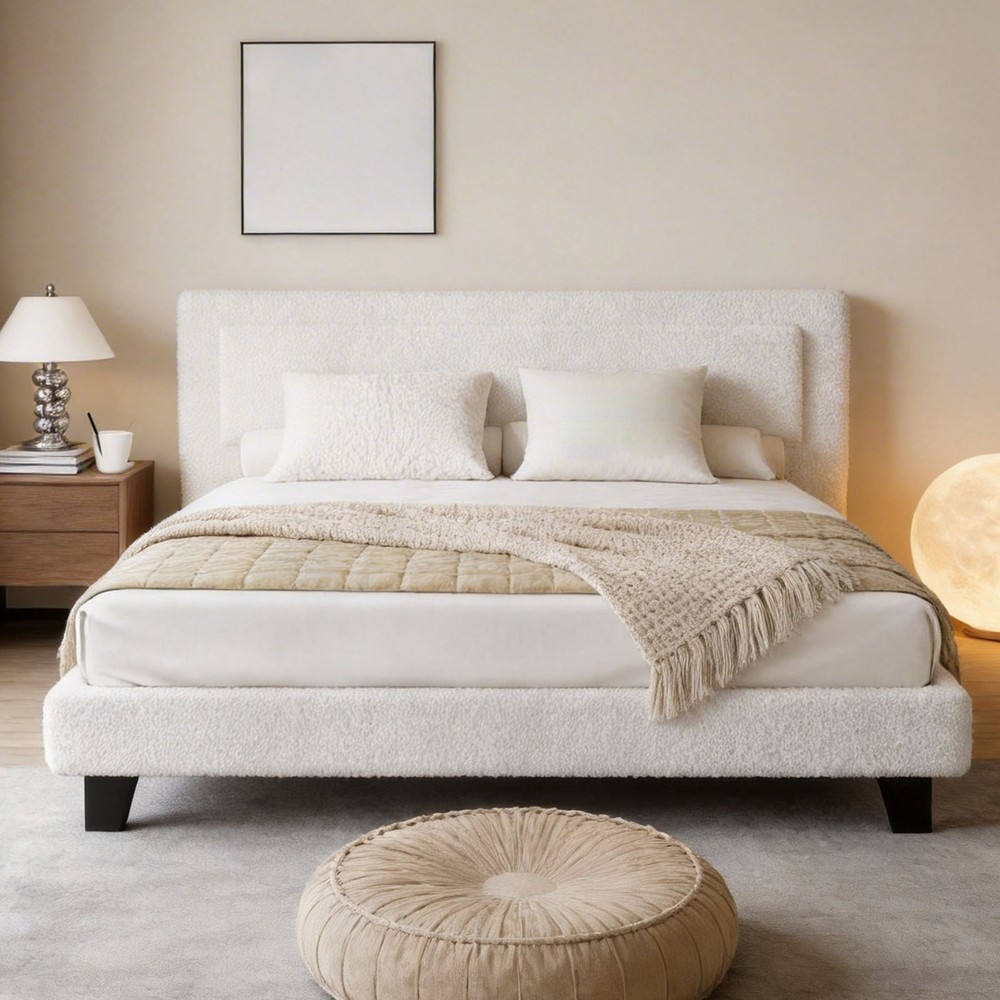 King Upholstered Bed Frame with Adjustable Headboard No Box Spring Needed Beige