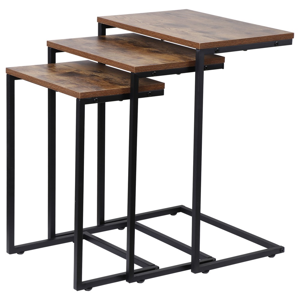 Nesting Coffee Table Set of 3 Stacking C-Shape Accent End Table with Metal Frame