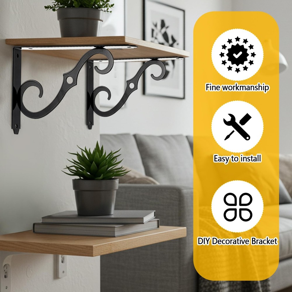 6 Pack 8 Inch Shelf Brackets Black Rustic Floating Decorative Shelf Bracket H...