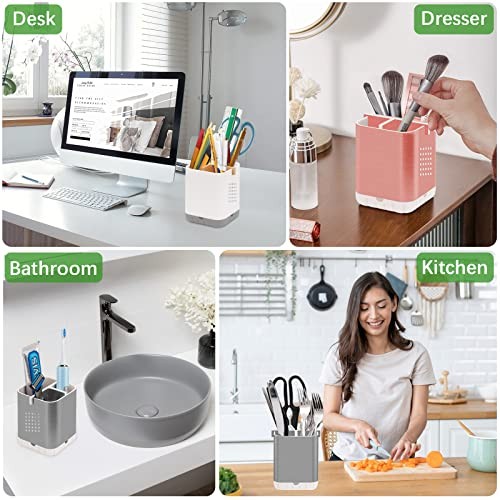 Toothbrush and Toothpaste Holder with Bamboo Divider for Bathroom White&gray