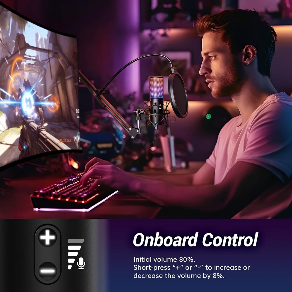 RGB Gaming Mic - USB PC Microphone with Adjustable Boom Arm - Quick Mute Button