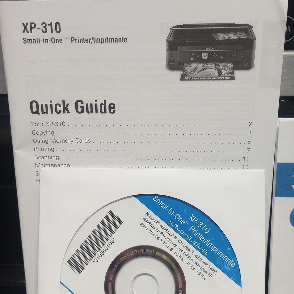 Epson XP-310 Small-in-One Printer Manuals, Quick Guide & Software CD Disc Driver