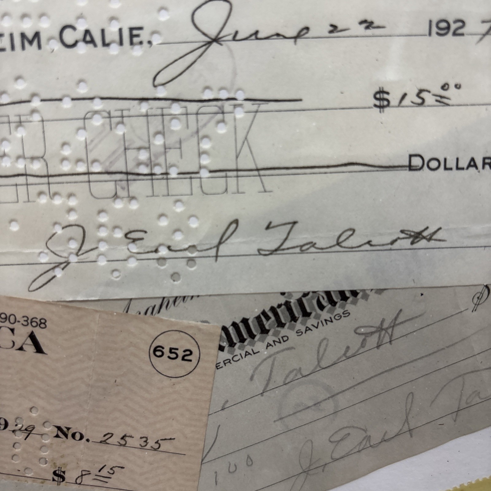 Original 1909-1929 J. Earl Talbots Signed Checks Framed with Photos Lot Of 8