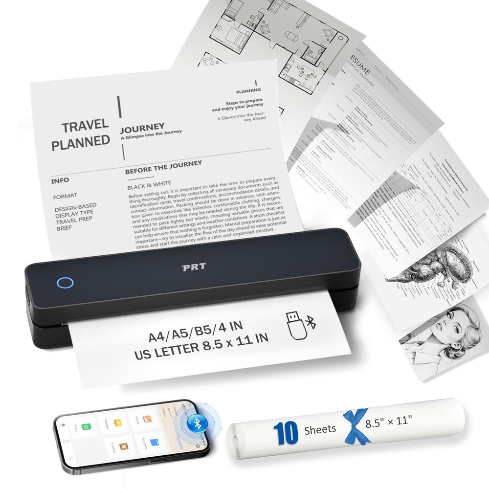 PRT Inkless Portable Printer, Wireless Thermal Printer for Travel Support 8.5...
