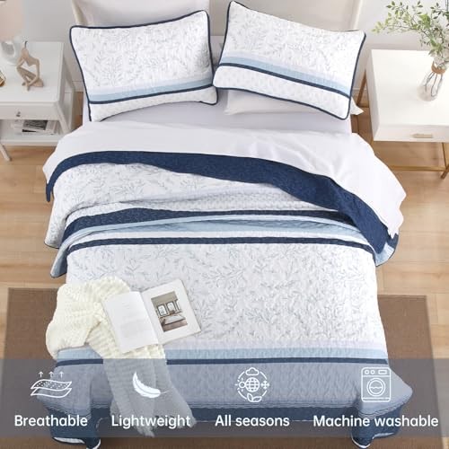 Striped Quilt Set Size Boho Striped Patchwork Leaves Printed Queen Navy Blue