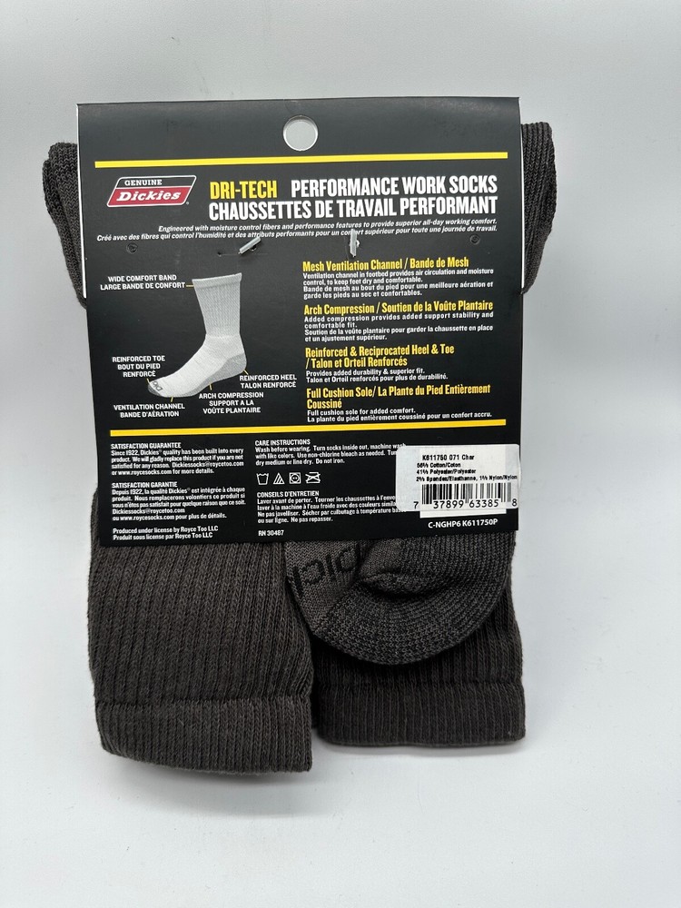 NEW 6 PAIR PACK DRI-TECH CREW GENUINE DICKIES MENS FLEX PERFORMANCE WORK SOCKS