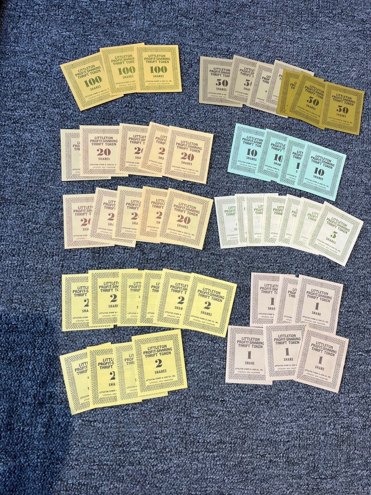 LOT VINTAGE LITTLETON PROFIT SHARING THRIFT TOKENS 951 SHARES (47 TOKENS)
