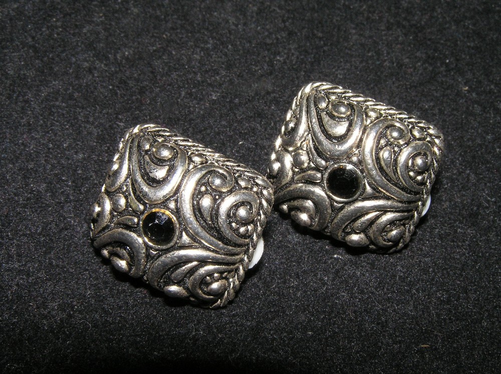 Estate Oxidized Silvertone Domed Square with Scrollwork & Tiny Black Rhinestone