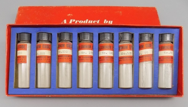 Carborundum Optical Finishing Powder Abrasive ALO Aluminum Oxide 8 Bottles Vtg