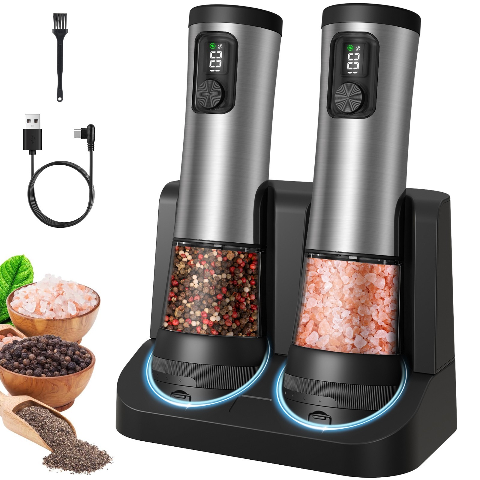 Electric Salt Pepper Grinder Set, Rechargeable Base, Adjustable Coarseness, 2PCS