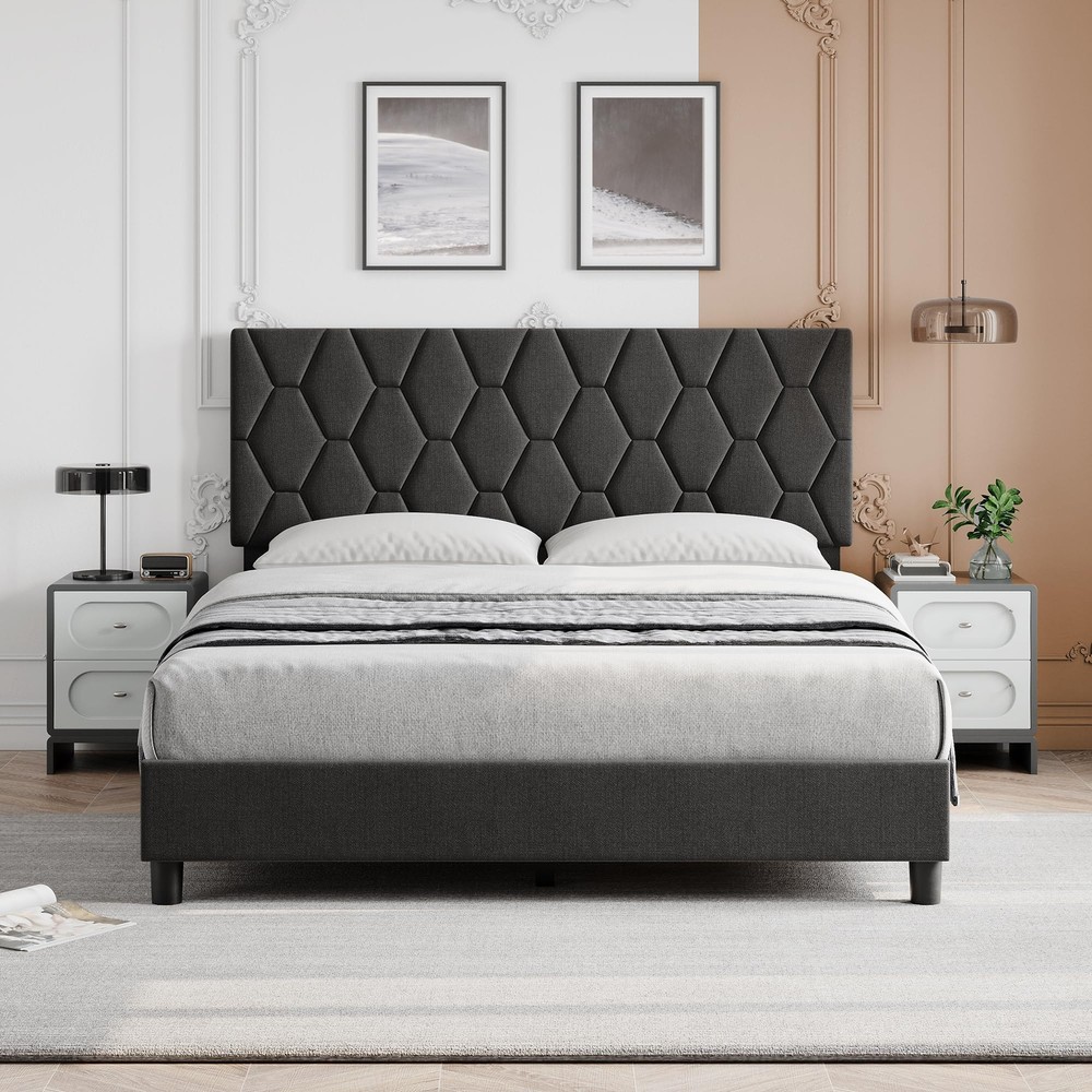 King/Queen/Full Size Bed Frame ,Modern Upholstered Headboard Platform Bed Frame