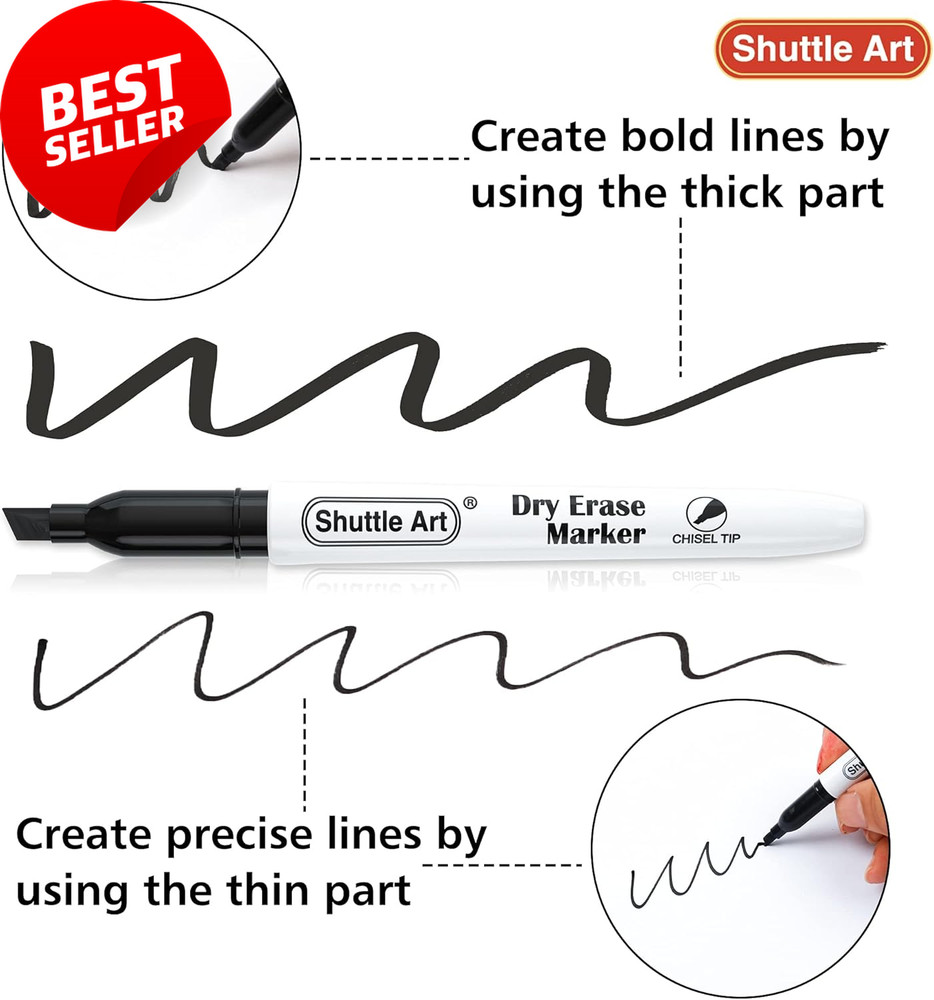 120 Pack Dry Erase Markers Black Chisel Tip w/2 Erasers Whiteboard