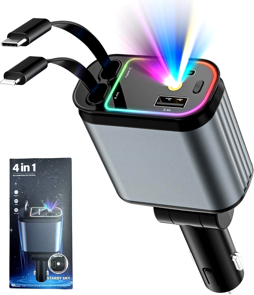 4 in 1 Retractable Fast Car Charger with Starlight 66W USB C for iPhone &Android