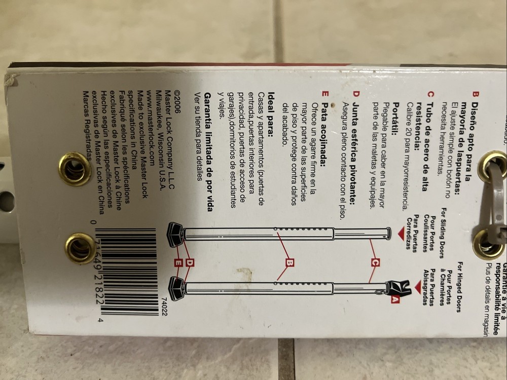 265D Master Lock Adjustable Dual Function Door Security Bar Sliding or Hinged