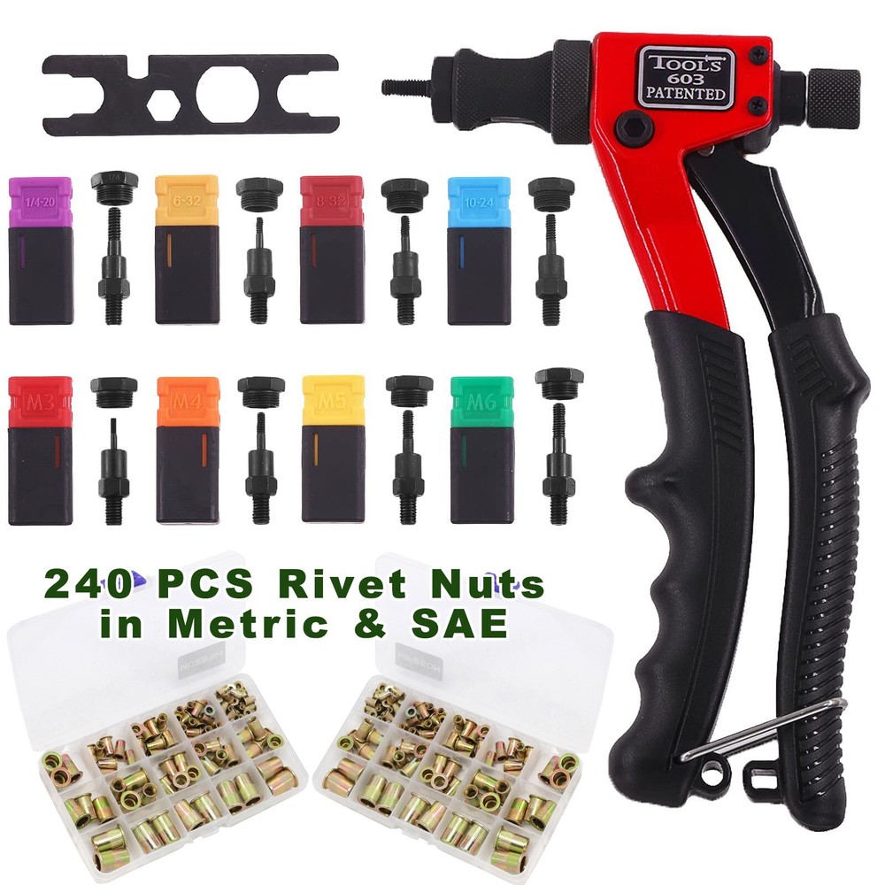 240pcs Rivet Gun Kit Rivnut Thread Setting Tool Nut Setter NutSert Metric SAE