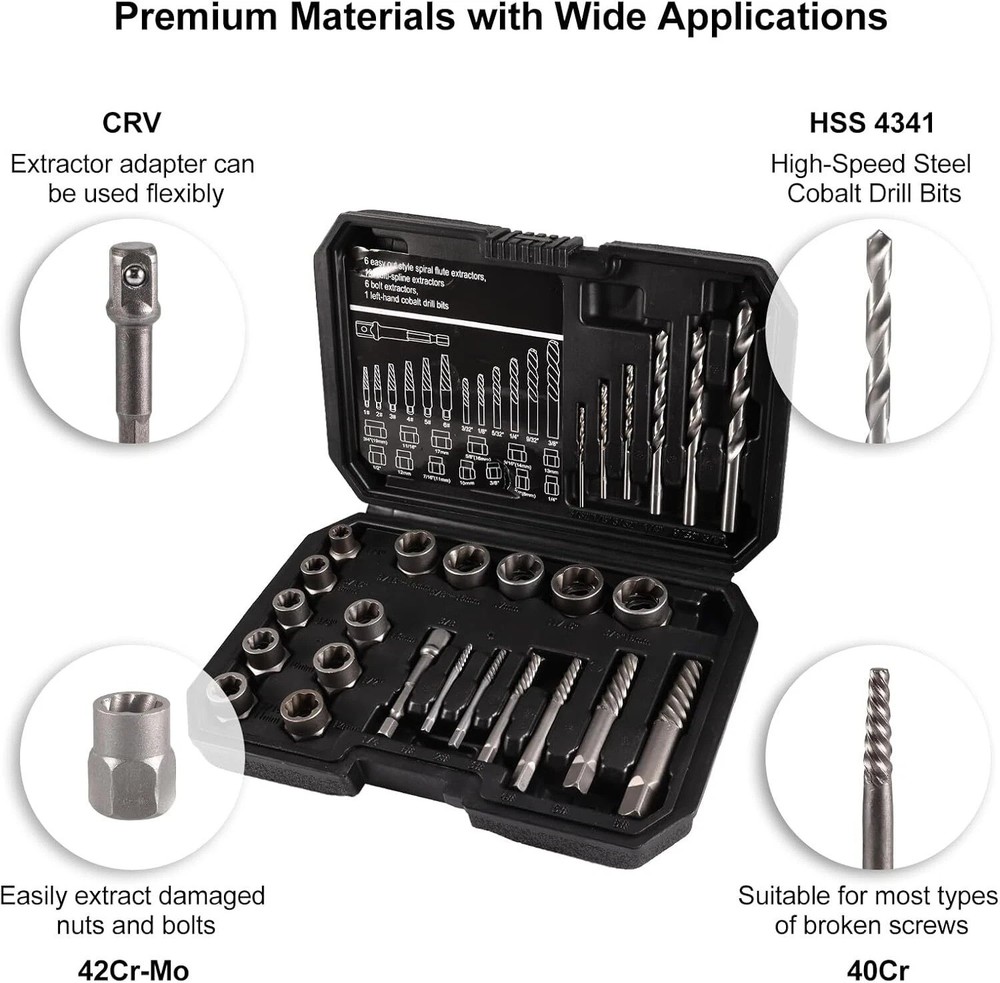 26pc Screws Bolt Extractor Set W/Reverse Drill Bit Kit Lug Nut Extraction US