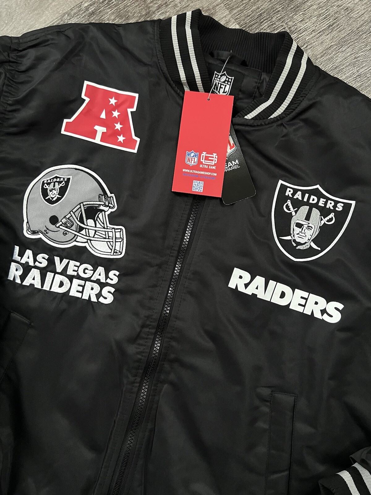 NFL Las Vegas Raider Bomber Varsity Jacket Letterman Black Grey Men sz M