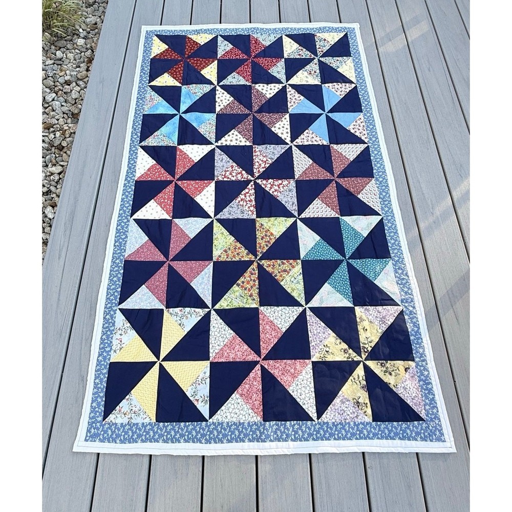 Handmade half square triangle quilt multi-colored pinwheel pattern 65" x 40"