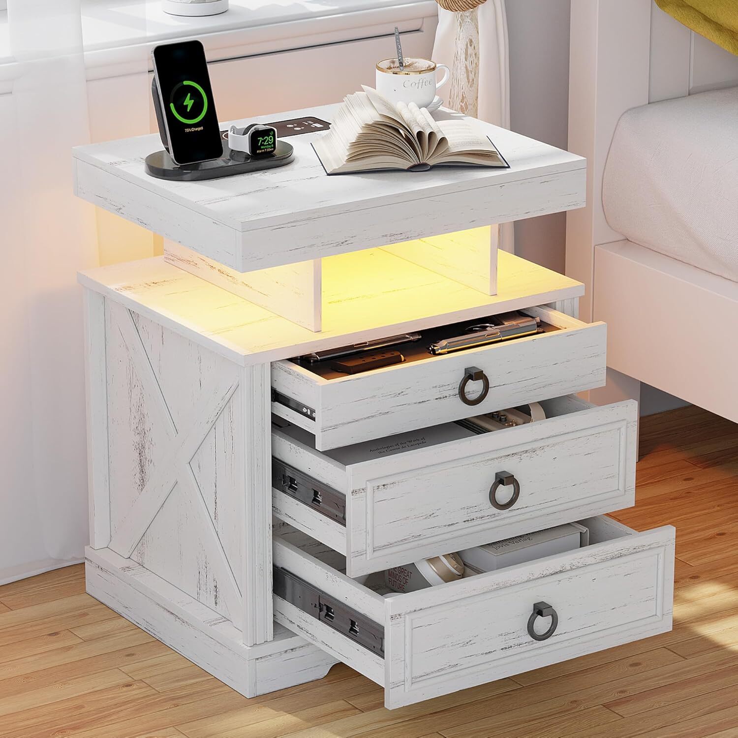 Farmhouse Night Stand with Gun Drawer, LED NightStand with Light & Human Sensor