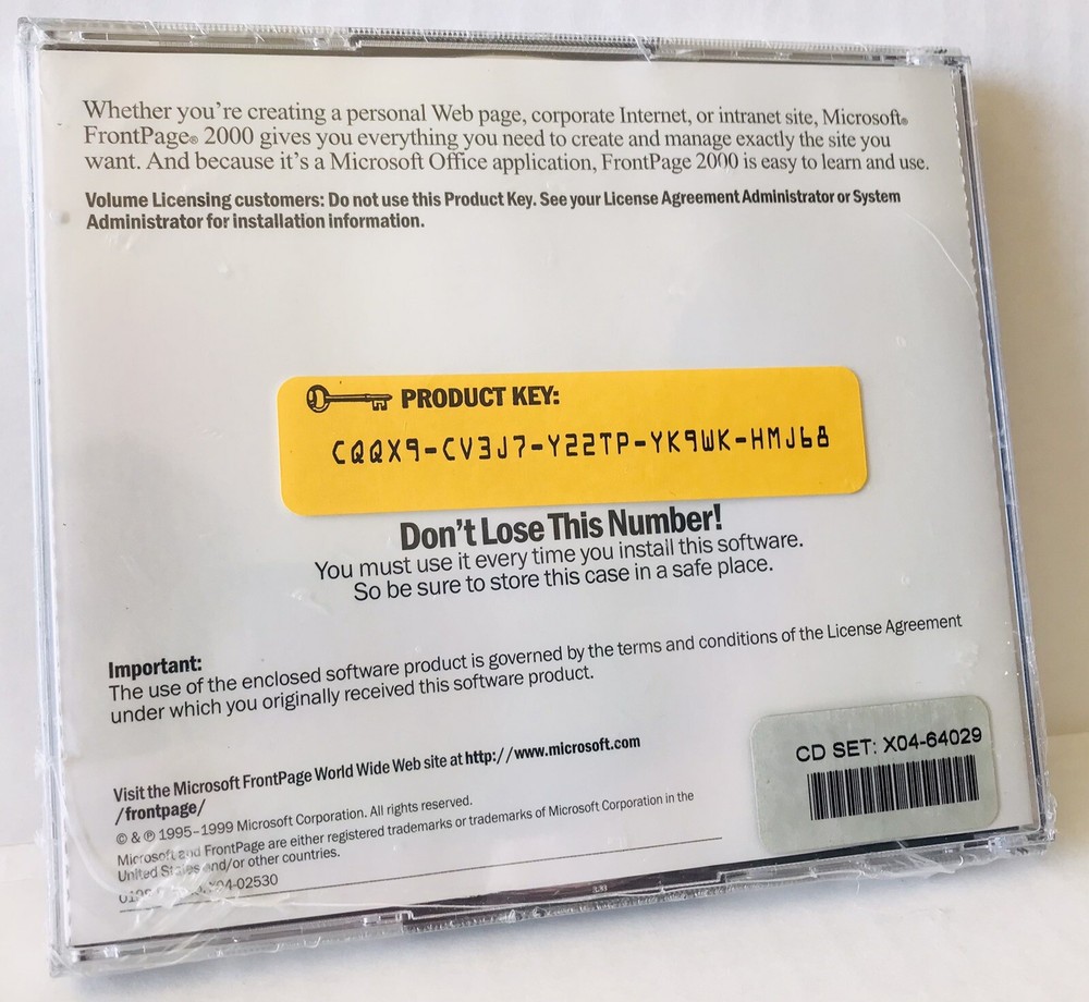 Microsoft Frontpage 2000 CD-ROM w/ Product Key New Sealed