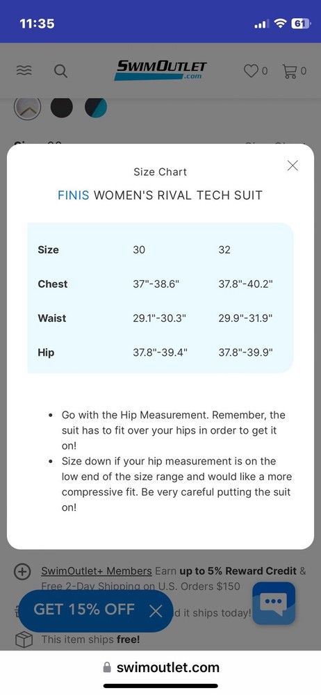 Finis Tech Suit Size 32
