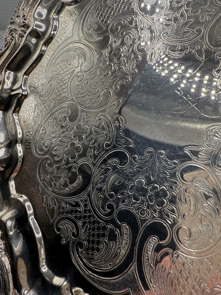 Barbour Silver Plate Co Footed Etched Tray 13” Silver On Copper #3804