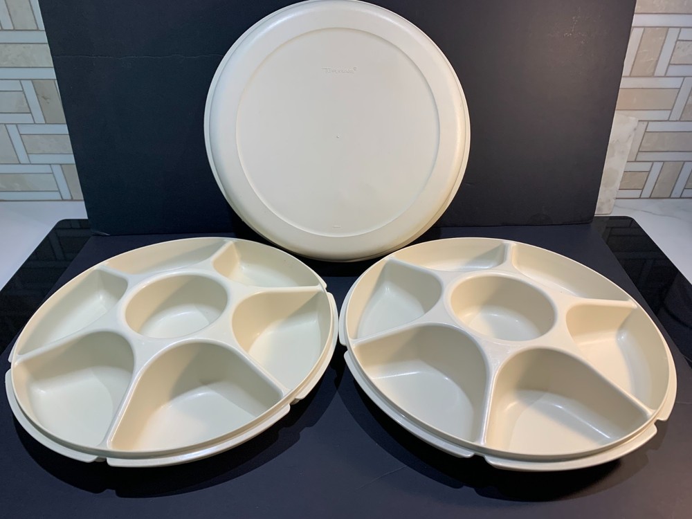 Tupperware 3-Piece Set –Two 7-Section Food Divider Serving Trays + 1 Locking Lid