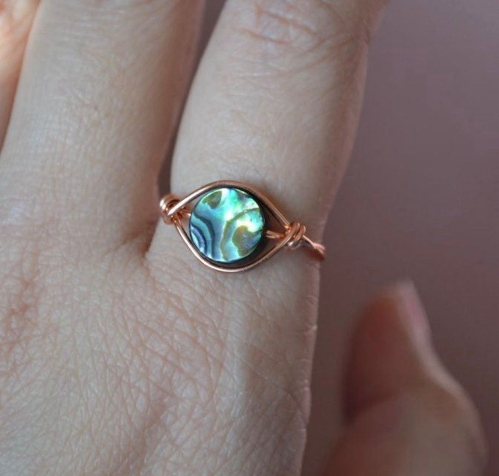 Round abalone shell copper wire handmade Ring