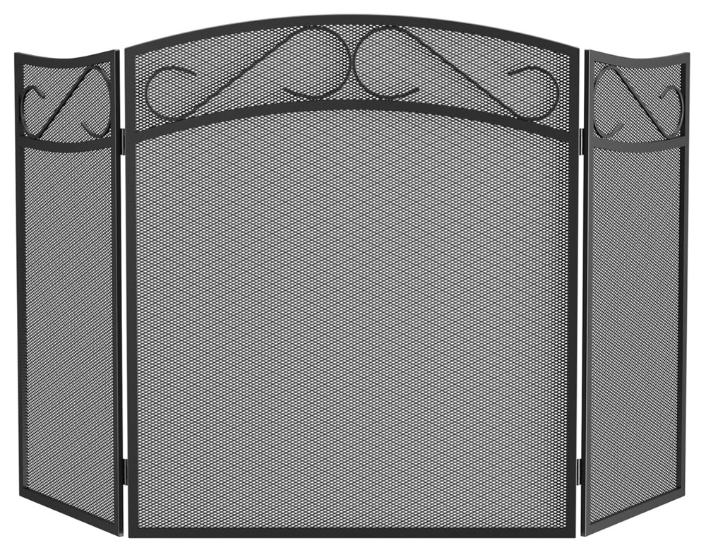3 Panel Wrought Iron Fireplace Mesh Black Screen Guard Traditional Scrollwork