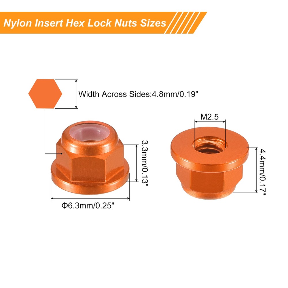 Nylon Insert Hex Lock Nuts, 20pcs - M2.5x0.45mm Self-Locking Nut(Orange)