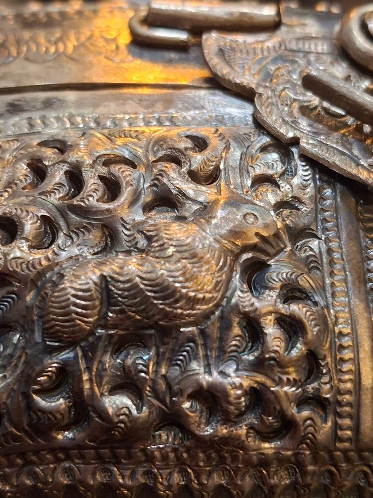 Antique Burmese Silver Tone "Thabeik" Locking Casket Hinged Container Marked...