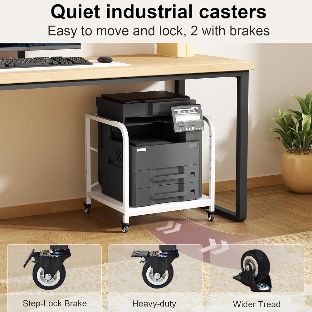 20 Inches Large White Printer Stand 2-Tier Under Desk Printer Table W/ Height