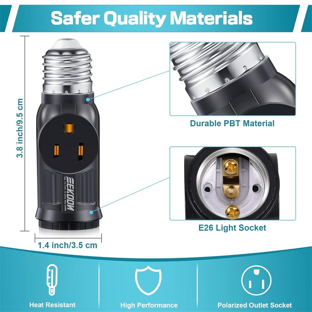 Black 3 Prong Light Socket Adapter with 2 Outlets E26 E27 Plug Converter