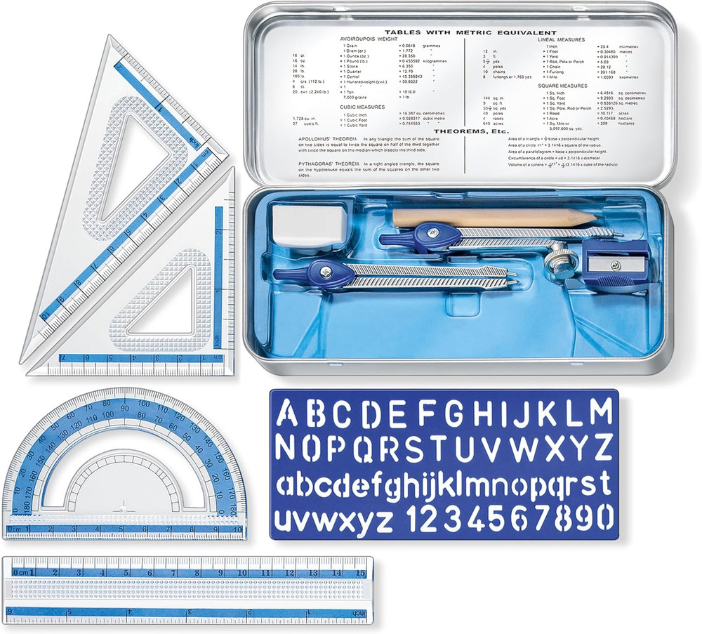 Math Geometry Set 10Pc Compass Ruler Triangles Stencil Drafting Tools