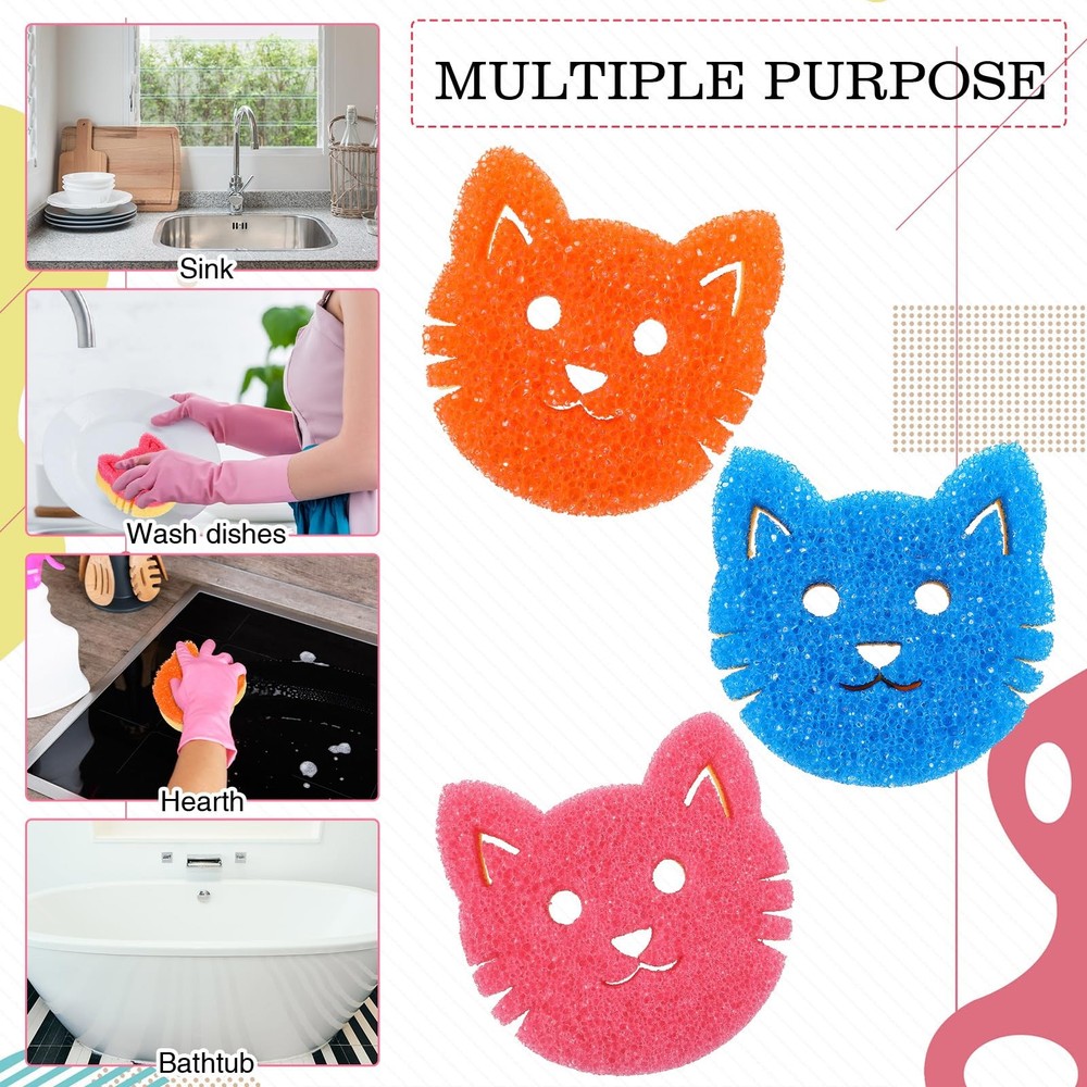 3 Pcs Dual Sided Scrub Sponge Multi Functional Cute Temperature Sensitive