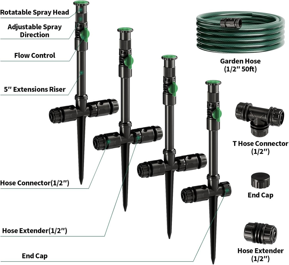 Flexible Sprinkler System, above Ground DIY Irrigation Kit, Multi-Adjustable Law