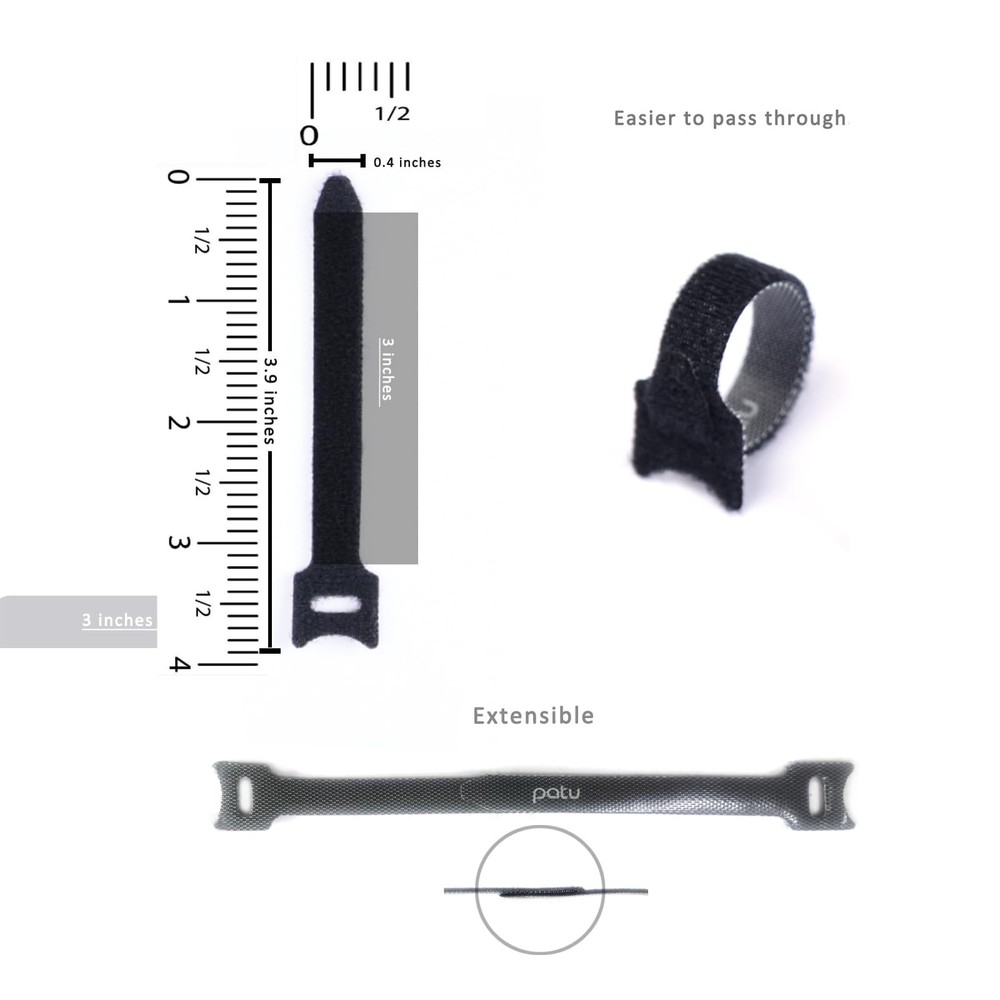 Patu 30-Pack Reusable 3 Hook Loop Cable Ties - Black Cable Organizer