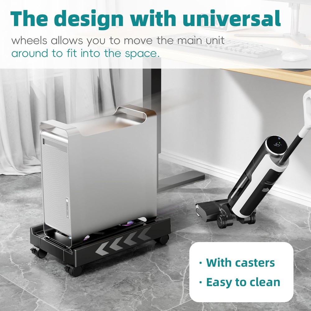 Adjustable Computer Tower Stand with Cooling Fan, Mobile CPU Holder with 4 Rolli