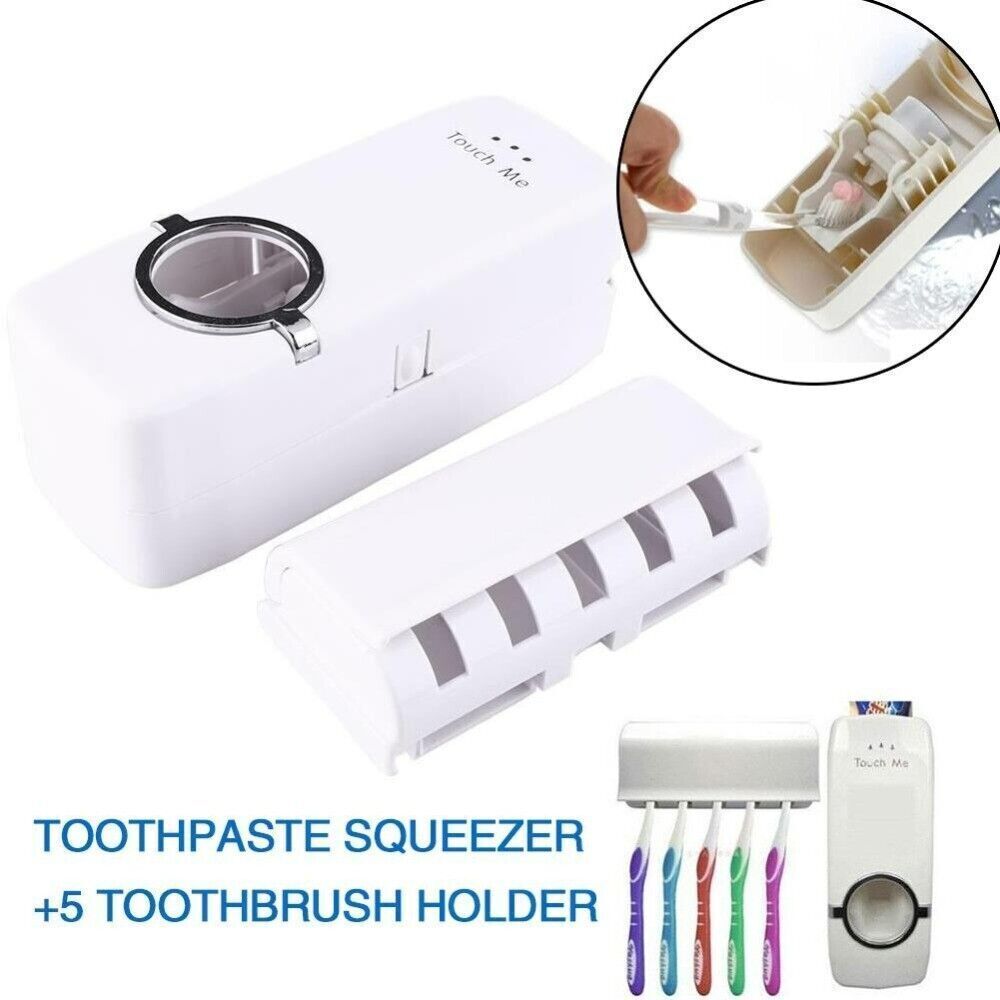 Automatic Toothpaste Dispenser and 5 Toothbrush Holder Set Wall Mount Stand