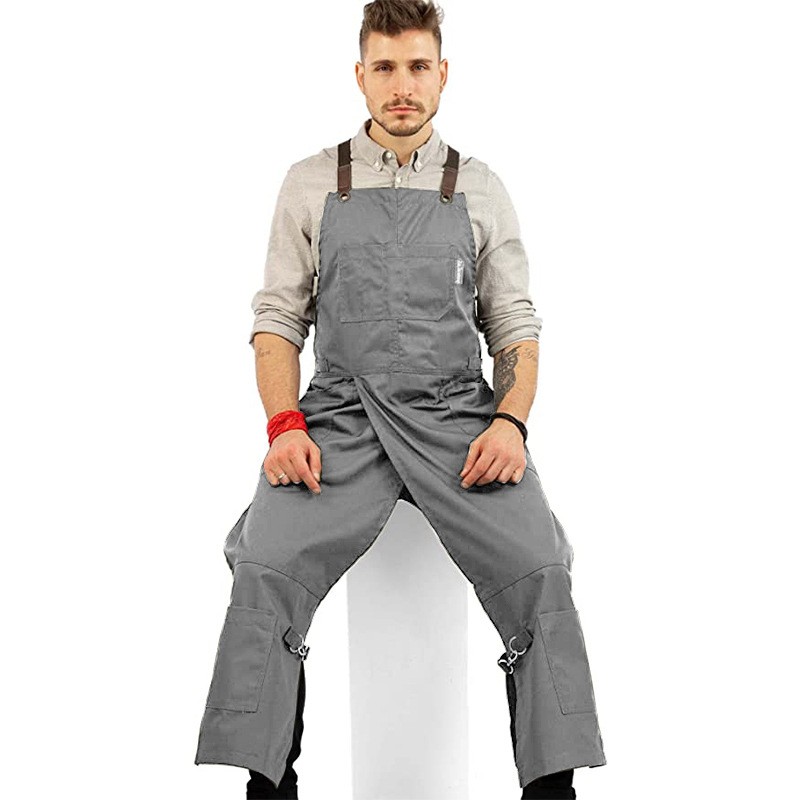 Split Leg Canvas Apron Barber Apron with Pockets Adjustable Work Apron Gray