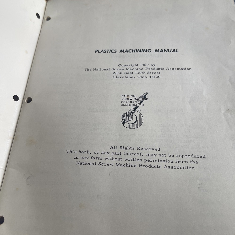 Plastics Machining Manual AutomaticScrewMachines W/Comparative MaterialsChart