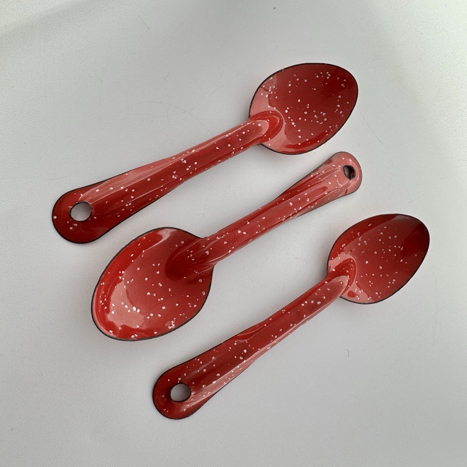 RED Speckle 6" SPOONS 3 pc Lot Vintage Enamel Metal Enamelware Camping Speckled