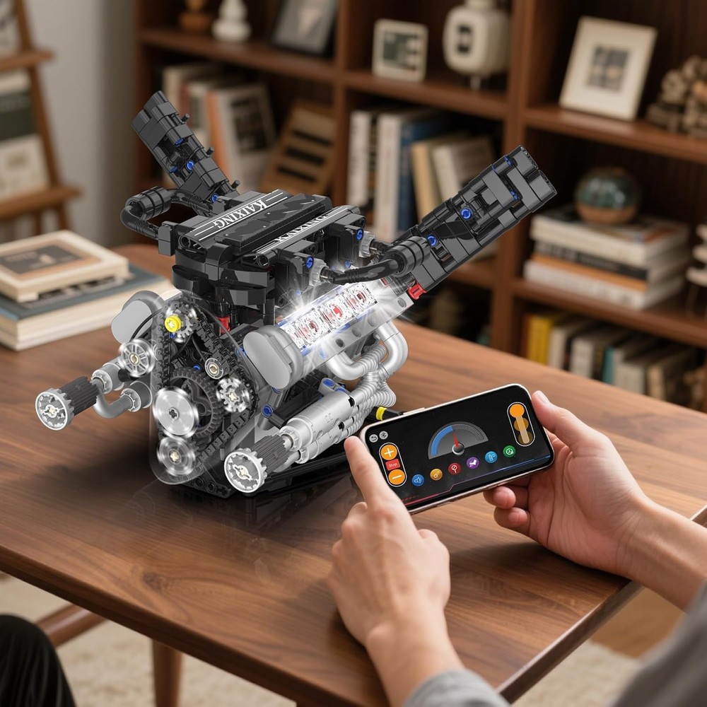V8 Mini Engine Model Kit That Runs Building Sets with Motor. APP Control Technic