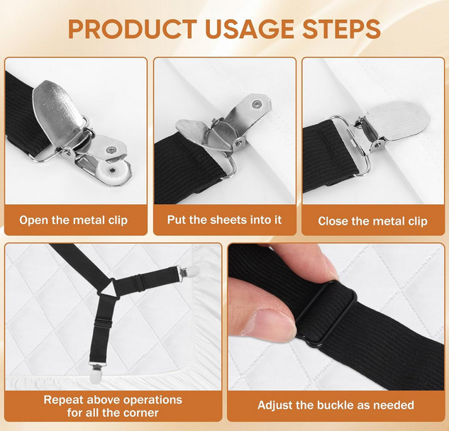 2PCS Adjustable Bed Sheet Holder Straps Elastic Fitted Sheet Grippers Black