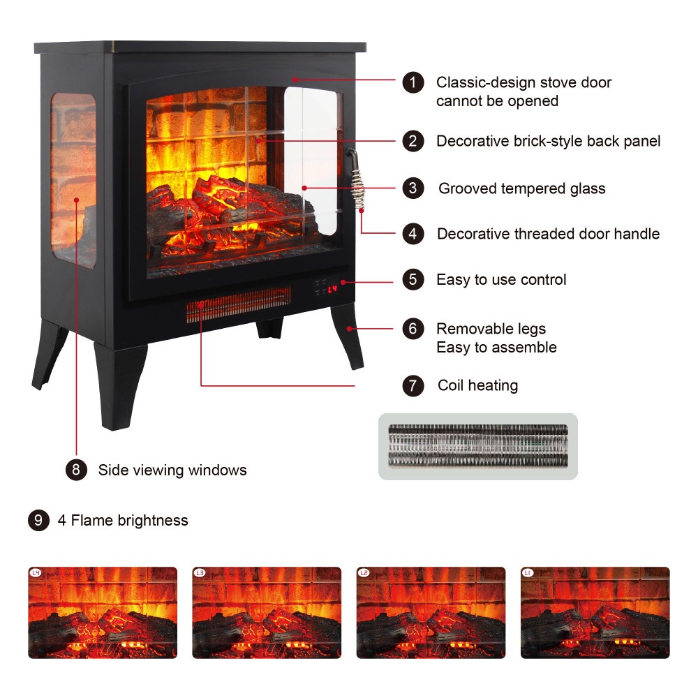 Three-Sided Open Electric Fireplace Heater with 3D Flame Effect