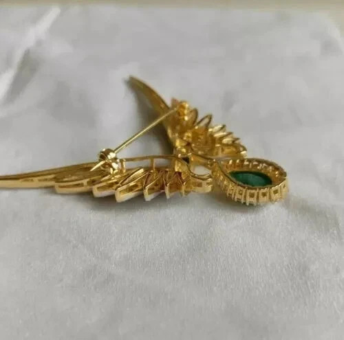 Natural Green Emerald 5CT Pear Cut Women's Brooch Pin 14K Yellow Gold Plated