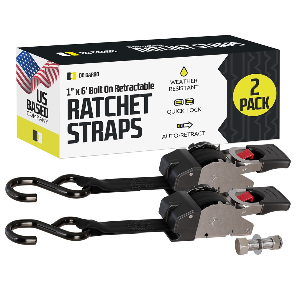 DC Cargo Transom Strap 1"x6' Retractable Stainless Steel Strap w/ S-Hook 2-pack