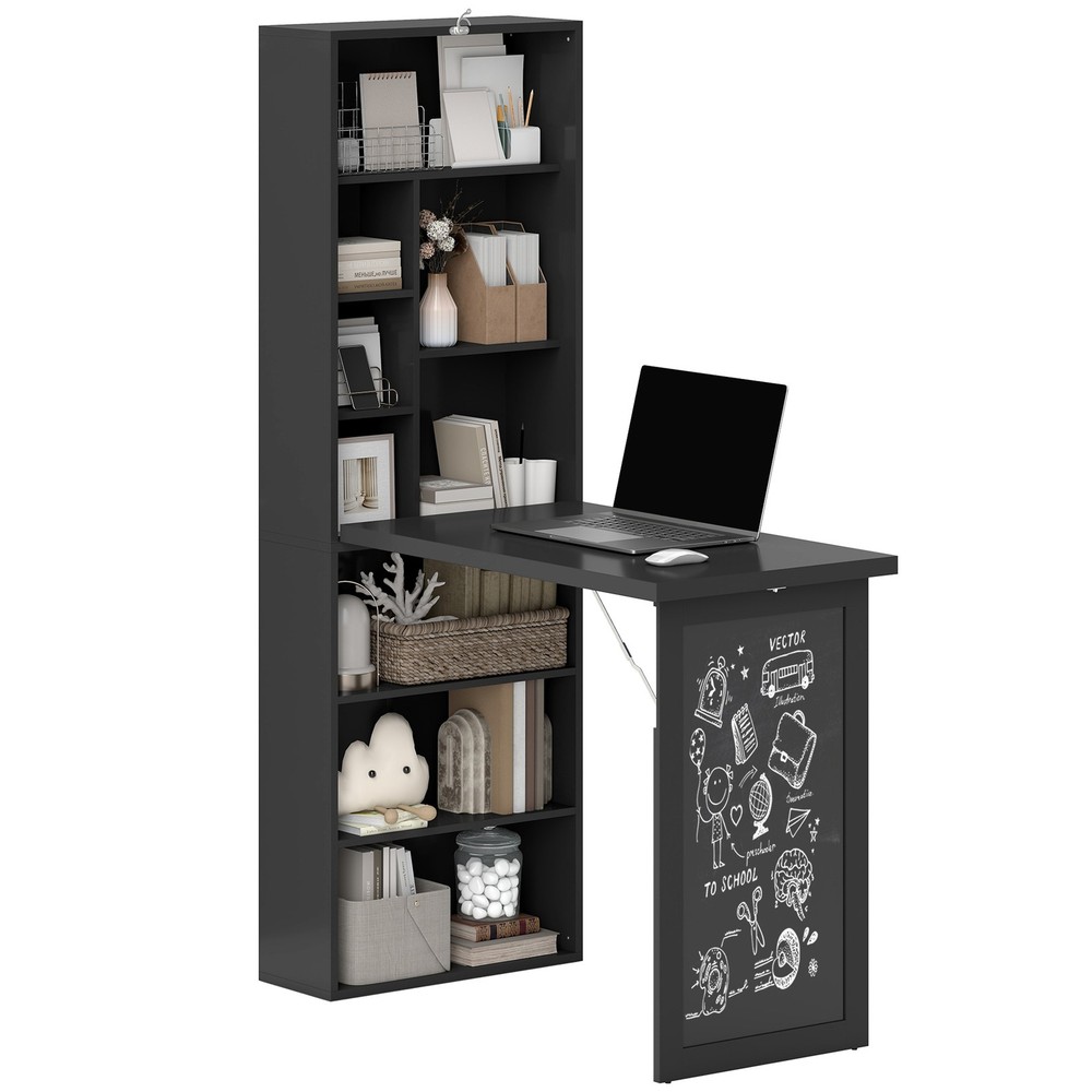 Convertible Desk with Chalkboard & Shelf Multi-Use Computer Workstation, Black